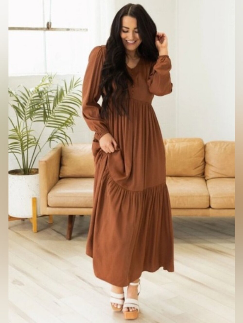 Indie & Co Ellis Maxi Dress M Burnt Caramel Brown Long Sleeves Cottage Prairie